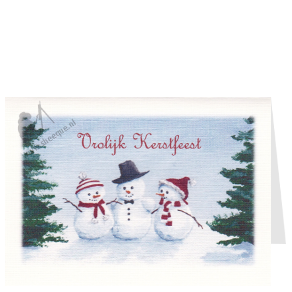 Kerstkaart sneeuwpopjes op een rij